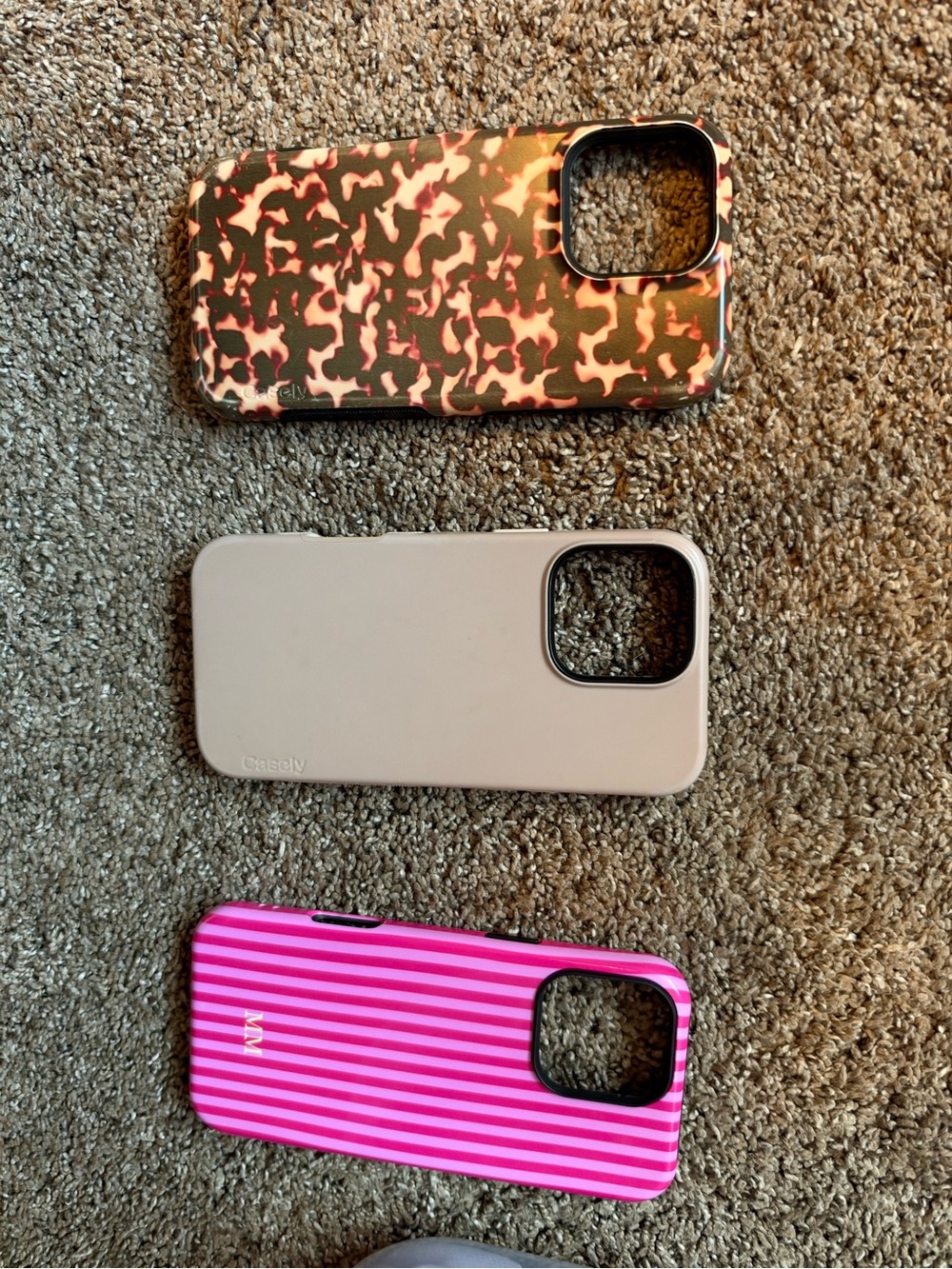Casetify & Unknown Phone Case Set — Pink Stripe, Beige, and Pink Camo